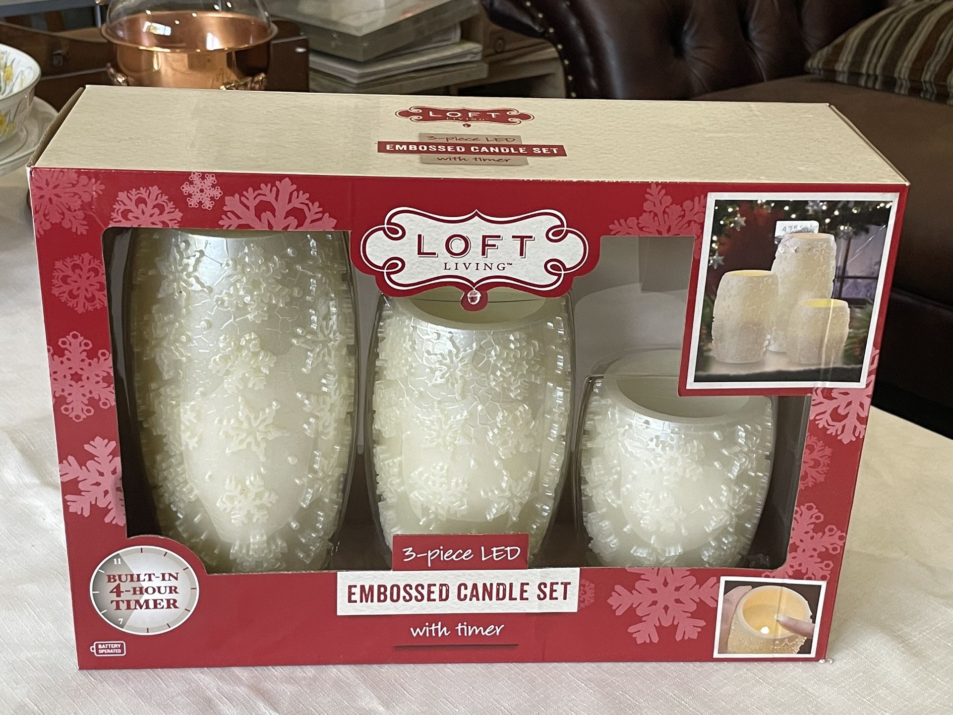 Loft Living 3-Piece LED Embossed Candle Set with Timer Snowflake Design