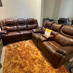 Labor Day sale now. Santiago Brown, leather reclining sofa and loveseat set only $1099. Easy finance option. Same day delivery.