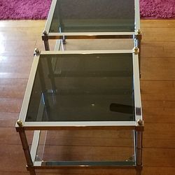 Vintage Pair of 2 Tier Square Glass & Metal End Tables. 