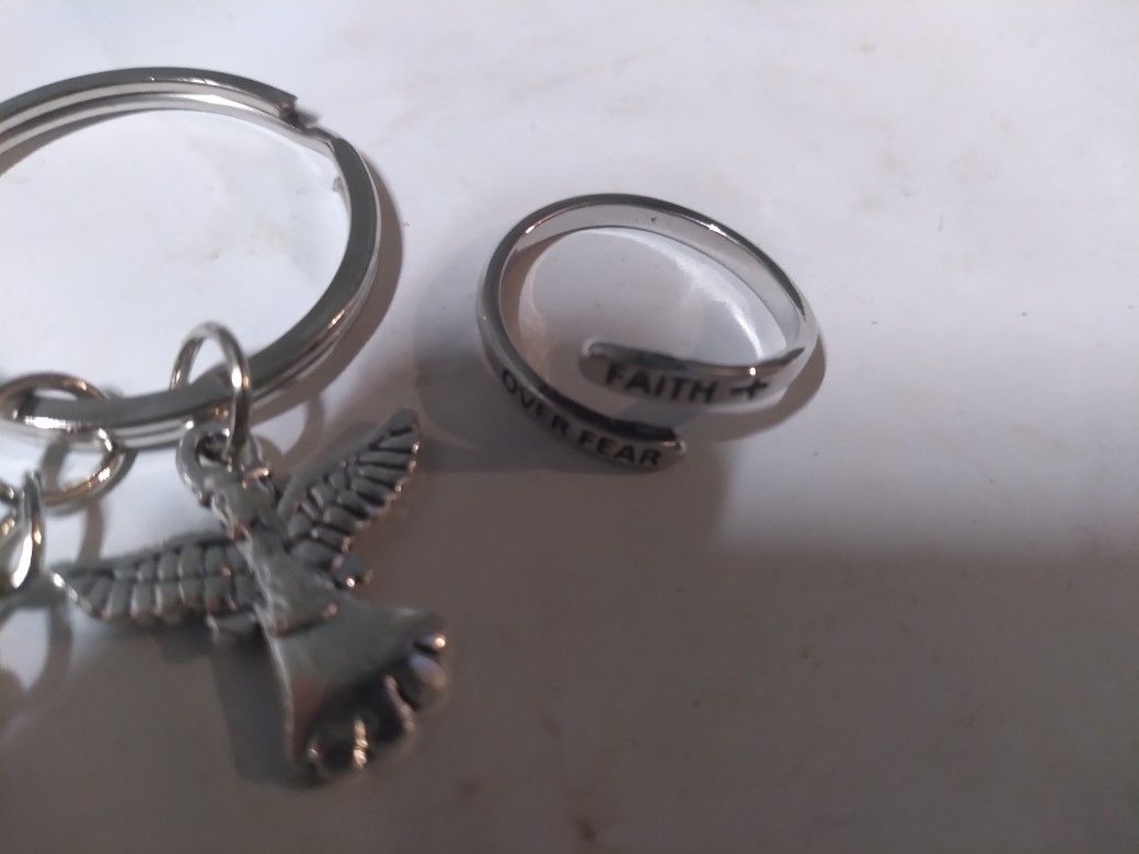 Guardian Angel Keychain And "Faith Over Fear" Bible Quote Silver Ring