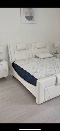White Leather Upholstered Bed Frame with mattress