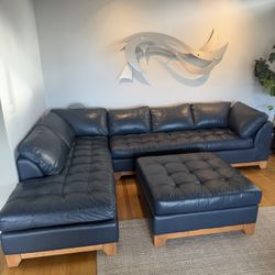 Blue Leather L Shaped Couch With Ottoman