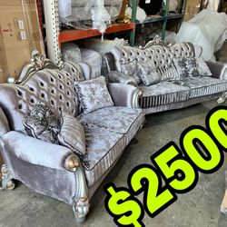 Beautiful New Luxurious 2PC Tufted Velvet Sofa Set (1 Sofa & 1 Loveseat) In Antique Platinum Finish W/ 8 Pillows Only $2500!!! Original Price $7,300!!