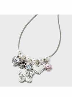 Silver Charm Necklace with Pearl Beads