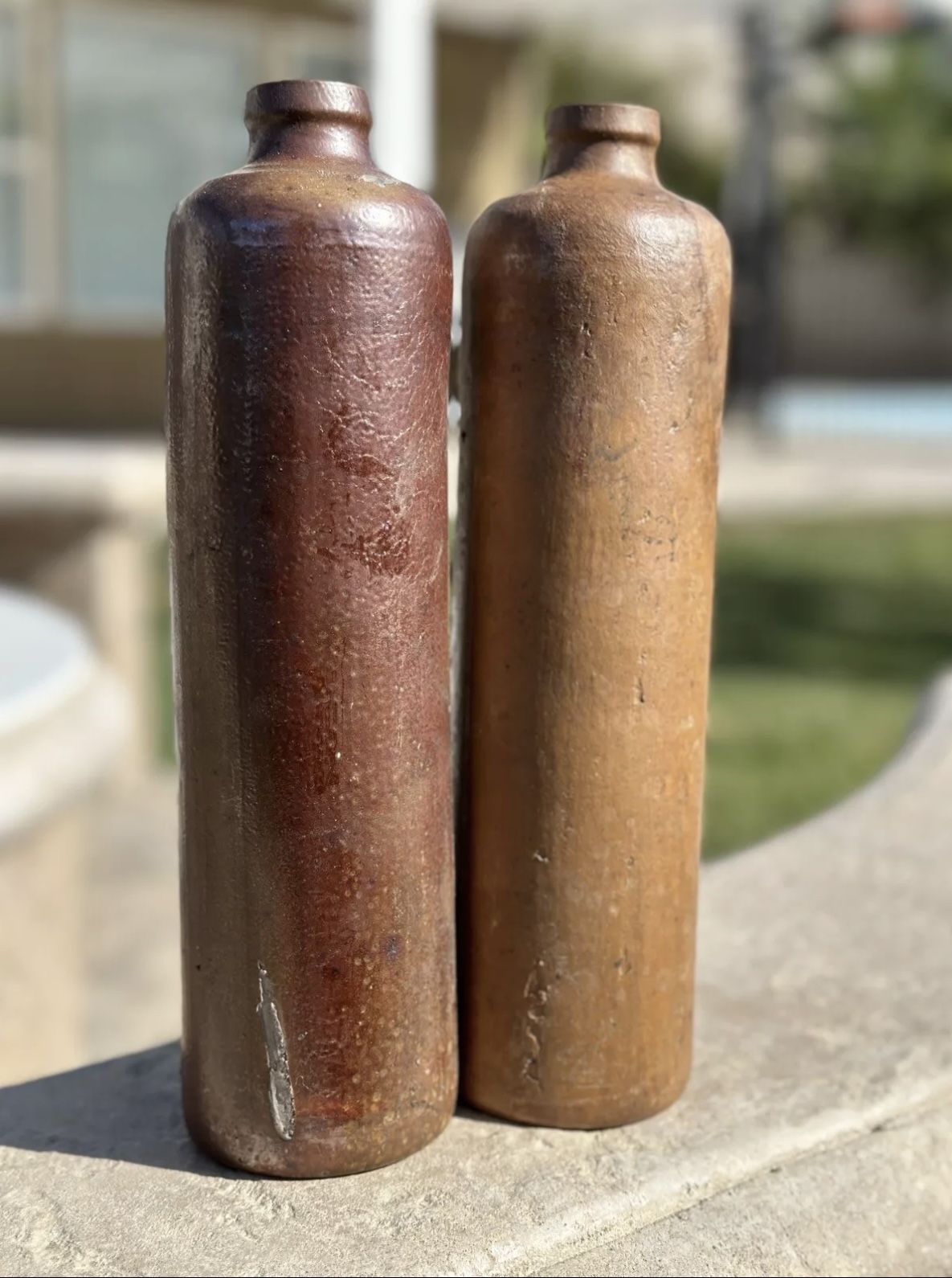 Pair Of Wine Brown Glaze Stoneware Crock Pottery Antique Vintage Bottle