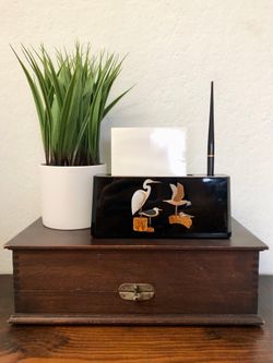 1970’s-80’s Black Lacquerware Desk Organizer Set Japan Otagiri Shorebirds