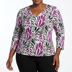 Chico's Whimsigoth Abstract Floral V-Neck Top Size 2 Large 3/4 Sleeve Cotton Blend