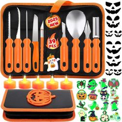Brand new in box Pumpkin Carving Kit, Stainless Steel Pumpkin Carving Tools with Halloween Stickers and Candles, Halloween Decorations Gifts for Famil