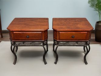 Pair of Wood and Iron End Tables with Drawer