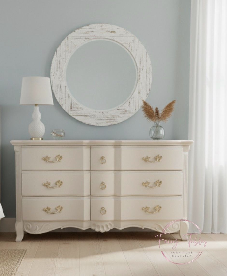 Coastal Elegance Set Dresser and 2 Nightstands Refinished in Warm Neutral Cream & Gold