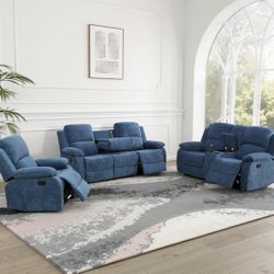 Blue Chenille Fully Reclining Three Piece Couch Set