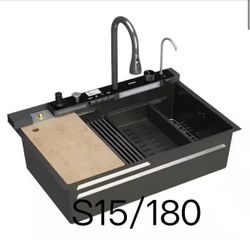 S15🔥31.5 in. Drop-In Single Bowl Gray 304 Stainless Steel Kitchen Sink Flying Rain Waterfall, Pull-Down Faucet Kitchen Set$180