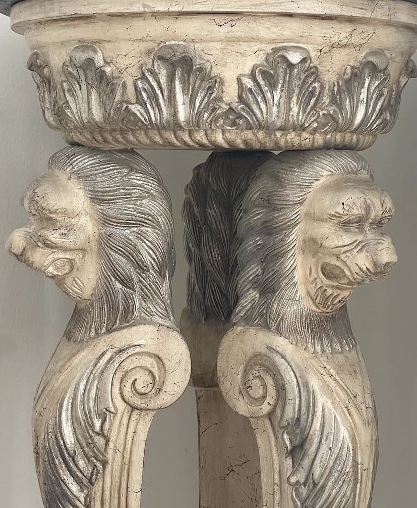 Carved Lion Marble Top Pedestal Table