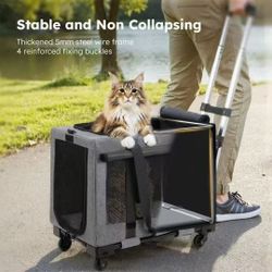 21X12X17 Cat Carrier with Wheels for Cats and Dogs, Foldable Pet Carrier, Rolling Dog Carrier with Detachable Wheels and Telescopic Handle, Zippered C