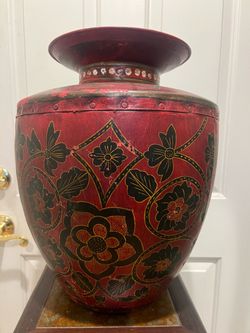 Vintage Large Hand Painted Metal Kashmiri Vase, Red Gold Black Floral 17.5”x15”x10”