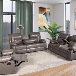 3 PC Gray Leather Motion Recliner Set