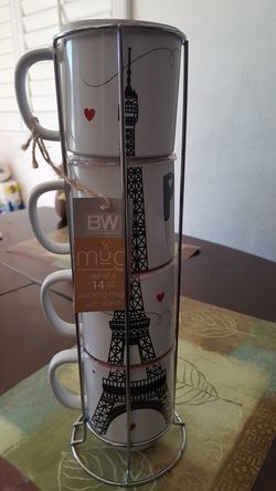 New Set of 4. 14oz. Stacking mugs with stand