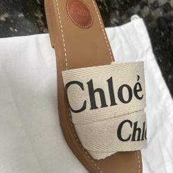 Chloe Woody Flat Logo Ribbon Slide Sandals