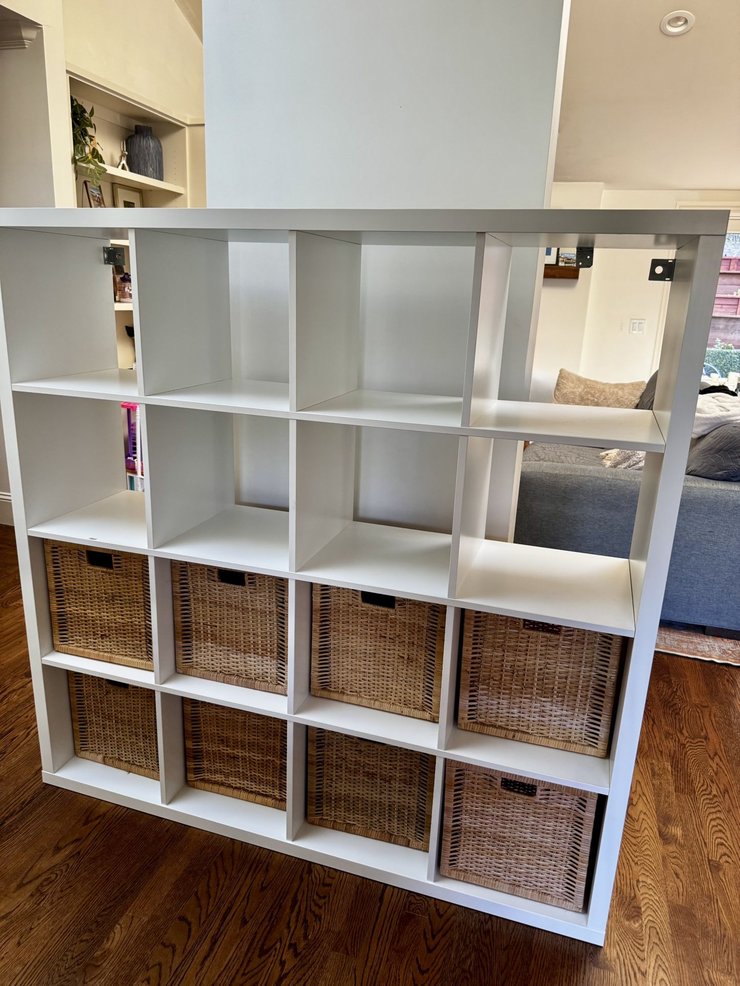 IKEA KALLAX white shelf unit w/ 16 cubbies & 8 baskets