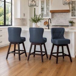 Set of 3 Upholstered Bar Stools – Navy Blue