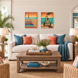 Set of 2 Colorful Coastal Beach Wall Art on Wood | Each is 17” x 23”