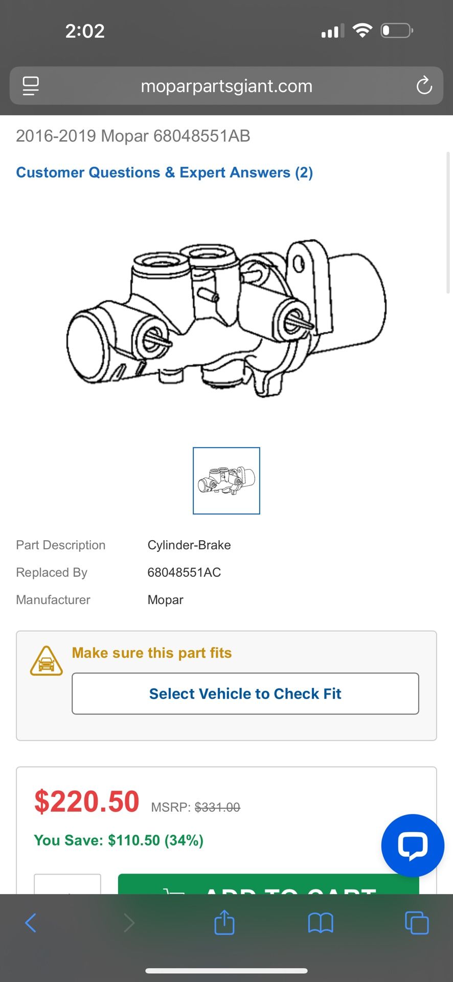 2016-2019 300 Charger Challenger Brake Master Cylinder