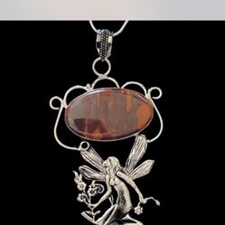 Gemstone Necklace, Iron Tiger Eye Gemstone Ethnic Handmade Fairy Pendant Jewelry 3.12"  on 925 silver snake 22” chain 