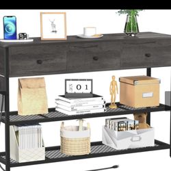 Yoobure - Console Table With 3 Drawers, 47" Entryway Table With Storage Shelves, Outlets & USB Ports, 3-Tier, Charcoal Gray