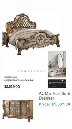 Gold queen bed frame, dresser and antique mirror