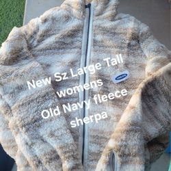 New Womens Size LARGE TALL old Navy Sherpa Zip Front Jacket Brown Beige Nwt L