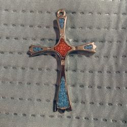 Vintage Sterling Silver Turquoise Coral Inlay Cross Pendant