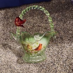 Bradford Exchange Cardinal Serenade Hand Blown Art Glass Basket J Hautman Cert