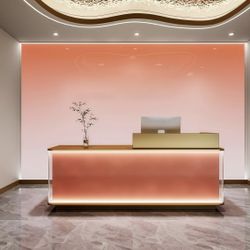 71 in Reception Desk with Coral-Toned LED-Lit Trim, Front Desk Includes Lockable Drawers & Cabinets, Luxury Sleek Commercial Style, for Salons, Studio