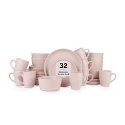 Stone Lain Albie Stoneware 32-Piece Modern Dinnerware Set, Kitchen Plates and Bowls Sets, Dish Set for 8, Pink