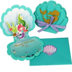 Mermaid Party Invitations, 3D Pearlescent Mermaid Birthday Party Supplies with Envelopes for Kids Girls Birthday Wedding Baby Shower Pool Mermaid Them