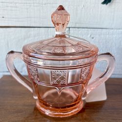 1935 pink depression, glass sugar bowl