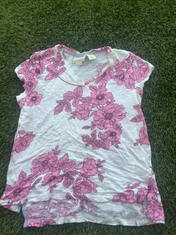Linen Floral Top Cynthia Rowley T Shirt White Pink Woman Size Medium S Sleeve