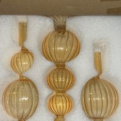 Taper glass candle holder decor amber color set of 3 new in box