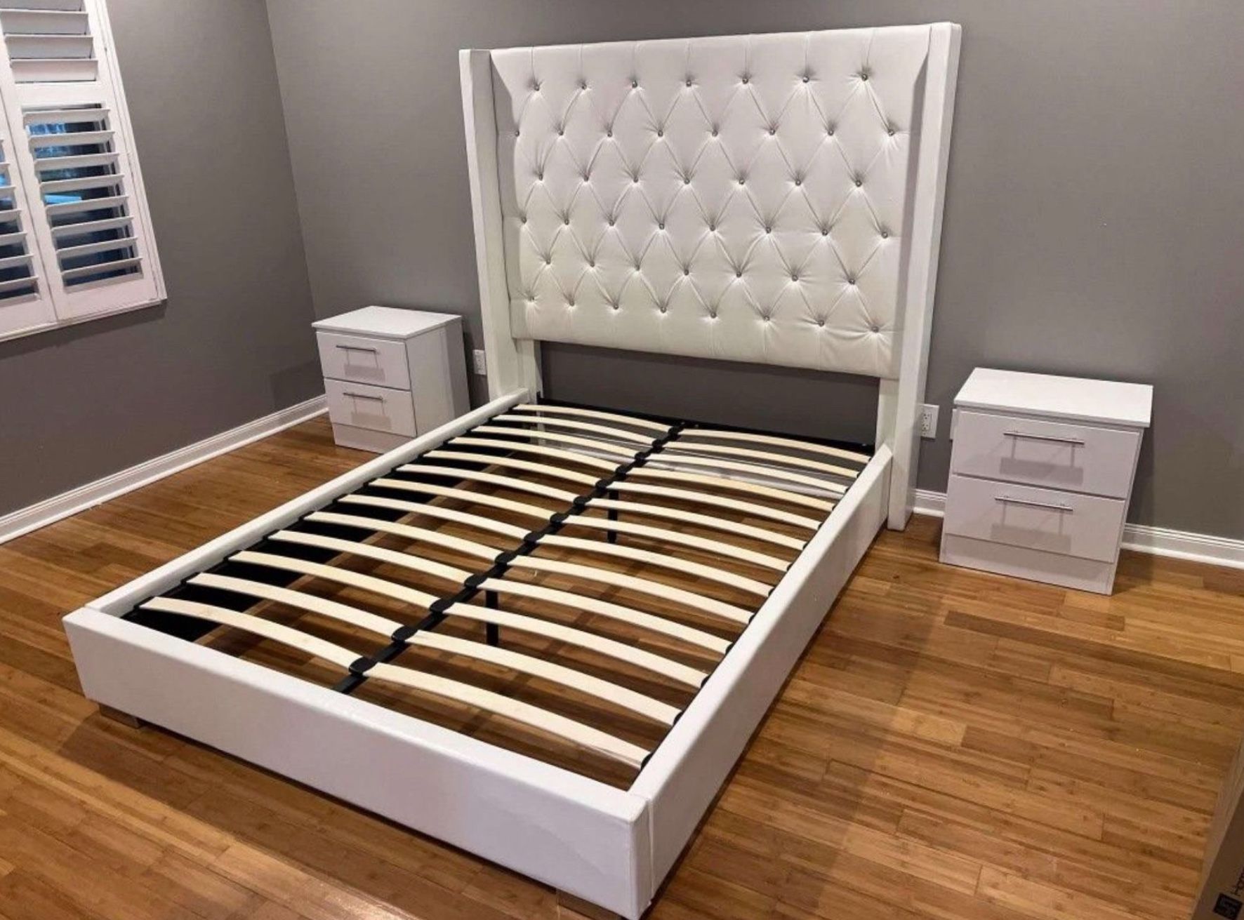 WHITE LEATHER BED w/ DIAMONDS - TALL HEADBOARD 💎 🤍