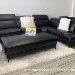 Rio Black Leather Sectional Sofa In Stock ** Same Day Delivery ** No Credit Needed