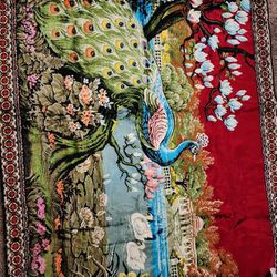 BEAUTIFUL VIBRANT VINTAGE PEACOCK WALL HANGING RUG TAPESTRY