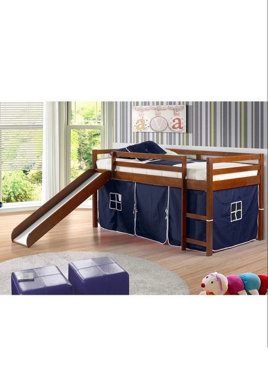 Kids Loft Bed with Slide with Tent, Twin, Light Espresso/Blue
