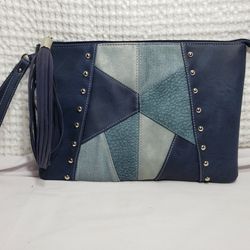 Womens Clutch Handbag Purse Faux Leather Patchwork Navy Blue Studded Boho. 