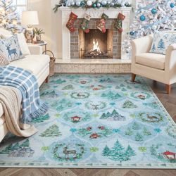 New 5x7 Beautiful Christmas Rug. Machine Washable. Light Blue