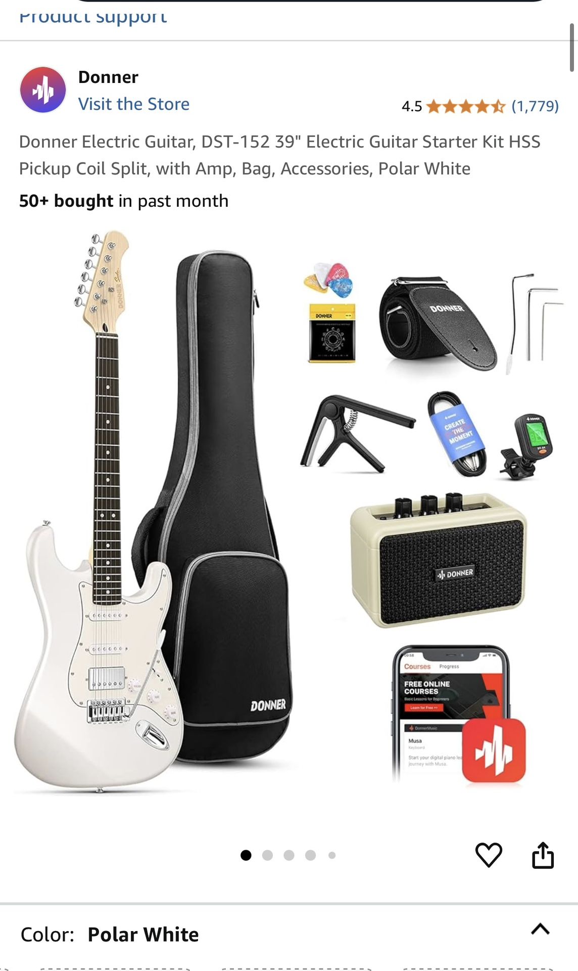 Donner Electric Guitar, DST-152 39" Electric Guitar Starter Kit HSS Pickup Coil Split, with Amp, Bag, Accessories, Polar White
