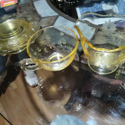 Lancaster 1930's Depression Glass Jubilee Pattern 4  6 Inch Saucers, 1 Cup, 1 Creamer Pitcher