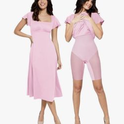 Dresses for Women Shapewear Built-in Bra Short Sleeve Square Neck Flowy Wedding Guest Midi Dress 