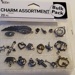 20 Piece Charm Assortment: Wing, Cross. King Crown, Dove..