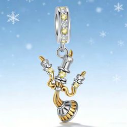 New! Gold Tone Beauty & the Beast Lumiere Candle 925 Sterling Silver Charm
