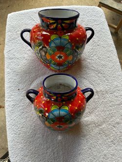 Set of 2 Authentic Signed Mexican Talavera Ceramic Planter Pots – Vibrant Red Floral-$50 CASH